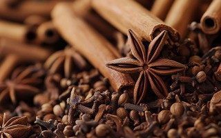 Nahaufnahme von weihnachtlichen Gewürzen wie Zimtstangen, Sternanis und Nelken.