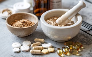 Mörser mit pulverisierten Heilmitteln und verschiedenen Tabletten und Kapseln