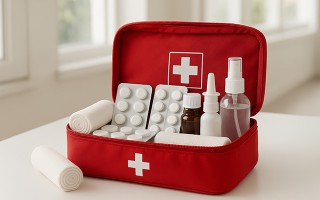 Rotes Erste-Hilfe-Set mit Medikamenten, Verbandmaterial und Sprühflasche auf einem weißen Tisch