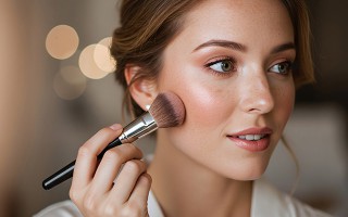 Frau trägt mit einem Make-up-Pinsel Rouge auf ihre Wange auf; Nahaufnahme des Gesichts.