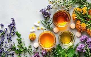 Heilpflanzen, Öle und Tabletten auf einem Tisch arrangiert