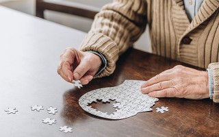 Ältere Person legt ein Puzzle in Form eines Kopfes